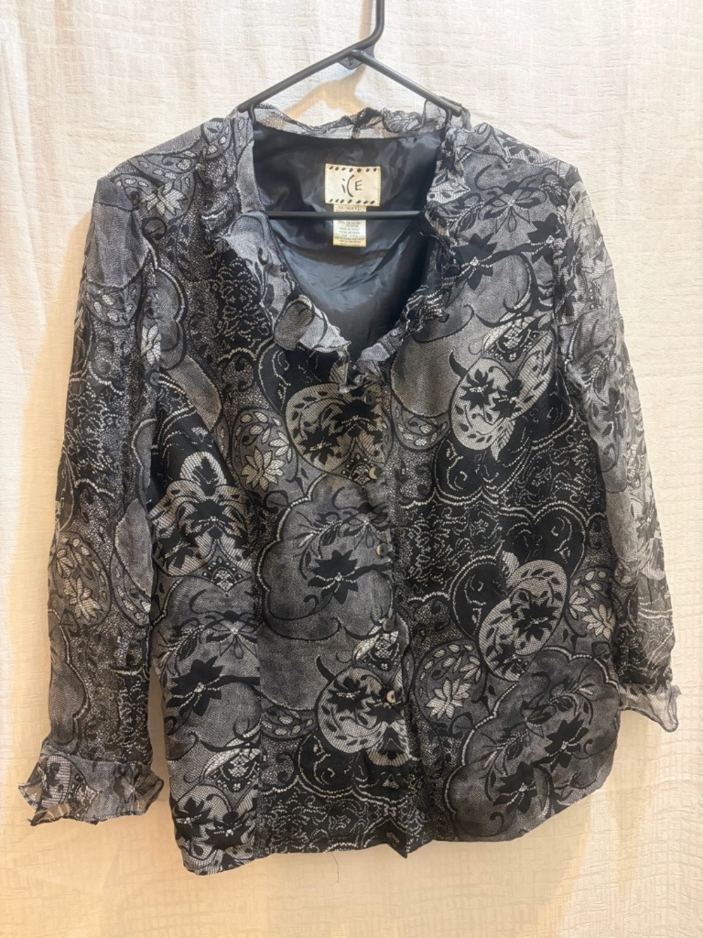 ICE Semi-Sheer Paisley Ruffle-Collar Button-Down Blouse in Black & Gray